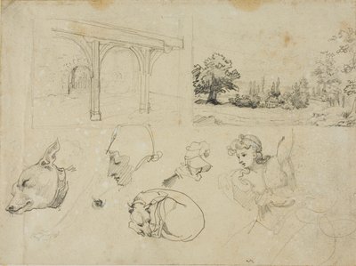 Szkice szopy, krajobrazu, psów i różnych postaci autorstwa Jean Louis André Théodore Géricault