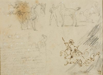 Szkice koni, stajenny trzymający konia, bitwa kawalerii autorstwa Jean Louis André Théodore Géricault