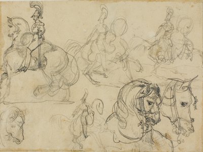 Szkice karabinierów konnych i głowy koni autorstwa Jean Louis André Théodore Géricault
