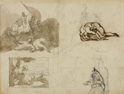 Szkice bitwy kawalerii, krajobraz z krowami i inne kompozycje autorstwa Jean Louis André Théodore Géricault