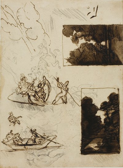 Szkice leśnej ścieżki i muzycznej imprezy na łodzi autorstwa Jean Louis André Théodore Géricault