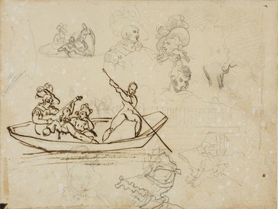 Szkice muzycznej imprezy na łodzi i kobiety w wysokim kapeluszu autorstwa Jean Louis André Théodore Géricault