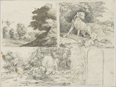 Szkice zalesionego terenu, psy i bażanty w krajobrazie autorstwa Jean Louis André Théodore Géricault