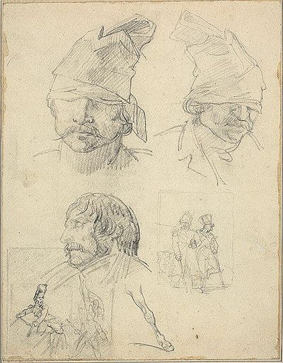Studia głów i dwa studia kompozycji autorstwa Jean Louis André Théodore Géricault