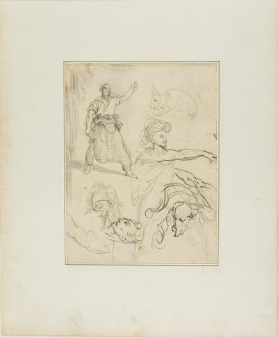 Studium kowala i głowy konia ze szkicami innych postaci i królika autorstwa Jean Louis André Théodore Géricault