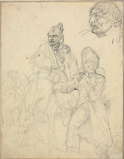Studium grupy postaci z detalem głowy grenadiera autorstwa Jean Louis André Théodore Géricault