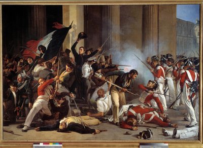Rewolucja 1830 r.: „”Podczas trzech chwalebnych lat, zdobycie Luwru 29.07.1830 i masakra szwajcarskich gwardzistów”” Obraz Jeana Louisa Bezarda (1799-apres 1861) 1830 nd. 1,76 x 2,45 m Paryż, Muzeum Carnavalet - Rewolucja 1830: „” Zdobycie Luwru autorstwa Jean Louis Bezard