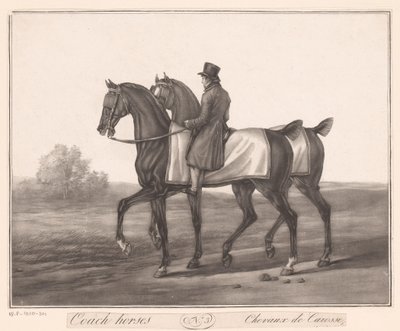 Jeździec towarzyszy dwóm koniom Chevaux de Carosse (tytuł na obiekcie) autorstwa Jean Louis Darcis (attributed to)
