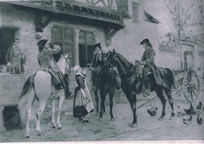 Zatrzymanie się w gospodzie, ilustracja z filmu Cassells Romance of Famous Lives, ok. 1940 r. autorstwa Jean Louis Ernest Meissonier