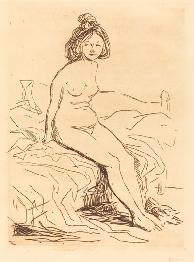 Naga kobieta, siedząca na łóżku, widok z przodu autorstwa Jean Louis Forain