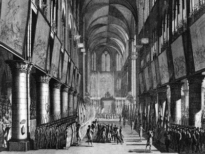 Rewolucja Francuska: Błogosławieństwo flag Gwardii Narodowej przez prałata Juigne w kościele Notre Dame 27 września autorstwa Jean Louis II (after) Prieur