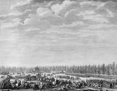 Rewolucja francuska: Gilbert du Motier, markiz de la Fayette (1757-1834) kazał rozbroić dwustu żołnierzy za brak dyscypliny na Polach Elizejskich w Paryżu 12 stycznia 1790 r. Grawerowanie wykonane przez Berthauta według przeora. Paryż, Biblioteka Instytutu autorstwa Jean Louis II (after) Prieur