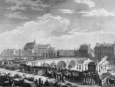 Rewolucja Francuska: Triumf Francois Marie Arouet dit Voltaire (1694-1778) 11 lipca 1791 r. (czołg funebre szczątków Voltaire ma swój przejazd na Moście Królewskim). Grawerowanie Berthauta według przeora. Paryż, Biblioteka Instytutu Historycznego autorstwa Jean Louis II (after) Prieur