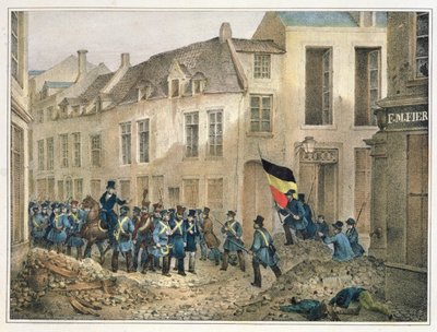 Rue de Louvain, Bruksela, 23 września 1830, rytowana przez A.M. Jobard (fl.1820-30) autorstwa Jean Louis Van Hemelryck