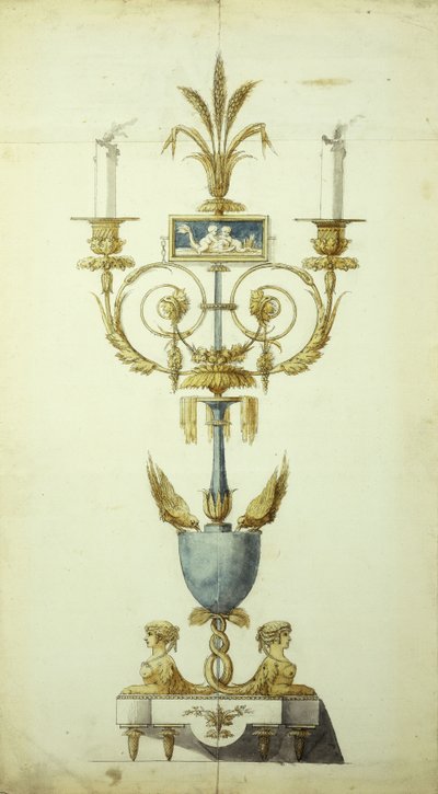 Projekt na pozłacany brąz i emaliowany kandelabr (pióro i atrament z w/c na papierze) autorstwa Jean Louis the Younger Prieur