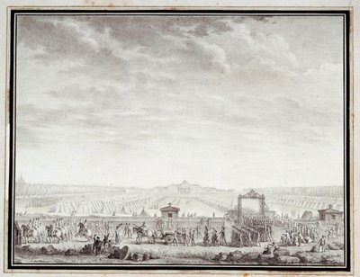 Rewolucja francuska: „”Les trupes du Champ-de-Mars odlatujące do Place Louis XV: 12 lipca 1789”” Rysunek tuszem i praniem autorstwa Jean-Louis Prieur (1759-1795) XVIII wiek. Rozmiar 0,17x0,23m. Paryż, Muzeum Carnavalet autorstwa Jean Louis the Younger Prieur
