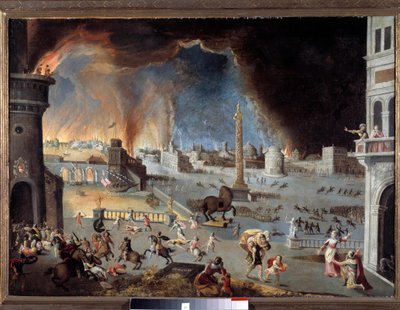 Zdobycie Trojańskiej Sceny Wojny Trojańskiej, miasto jest dewastowane przez Greków, którzy przedostali się do miasta dzięki koniowi. Obraz Jeana Maublanca (1582-1628). XVII wiek. Besancon, musee des Beaux Arts - Upadek Trojana - Scena Trojana W autorstwa Jean Maublanc