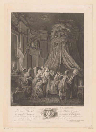Młoda kobieta podniesiona do łóżka Le Coucher de la Mariee (tytuł na obiekcie) autorstwa Jean Michel Moreau