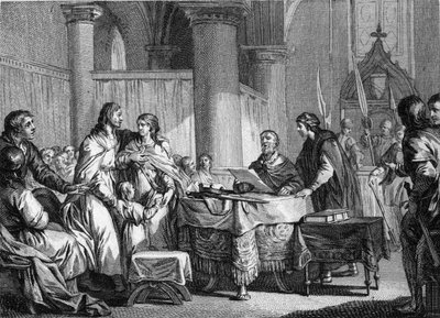Abdykacja Carlomana (ok. 715-754), burmistrza pałacu w Austrazji, na rzecz swego brata, Pepina III dit Pepin le Brief (714-768), 747. Rycina Jean Michel Moreau, dit Moreau le Jeune ( 1741-1814) autorstwa Jean Michel the Younger Moreau