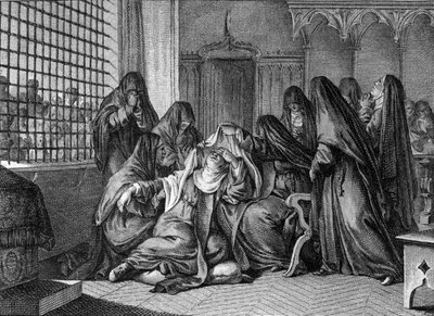 Abelard i Heloise: Heloise (1101-1164) przyjmująca zasłonę w opactwie kobiet Argenteuil. Grawer Jean Michel Moreau, dit Moreau le Jeune (1741-1814) autorstwa Jean Michel the Younger Moreau