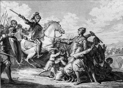 Zamach na synów Thierry II Burgundii w 613, w obecności Clotaire (Clothaire) II (584-628), króla Neustrii. Wśród nich Sigebert II (601-613). Grawer Jean Michel Moreau, dit Moreau le Jeune (1741-1814) autorstwa Jean Michel the Younger Moreau