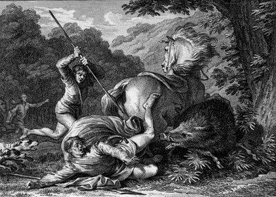 Carloman II zginął (867-884) podczas polowania, 884. Chcąc pomóc królowi w ataku dzika, służący przypadkowo wpycha mu szpiega w udo. Grawer Jean Michel Moreau, dit Moreau le Jeune (1741-1814) autorstwa Jean Michel the Younger Moreau