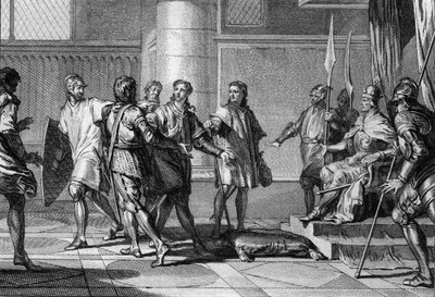 Karol (953-991), brat króla Lothaire, składa hołd Ottonowi (Othonowi) II (955 - 983), cesarzowi Świętego Cesarstwa Rzymskiego. Ten ostatni utworzył Księstwo Dolnej Lotaryngii (Dolnej Lotaryngii) i mianował Karola Księciem Dolnej Lotaryngii, 977. Grawerowan autorstwa Jean Michel the Younger Moreau