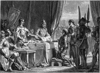 Karol Martel (688-741), król franków, rozdziela dobra Kościoła swoim żołnierzom, 718. Rycina Jean Michel Moreau, dit Moreau le Jeune (1741-1814) autorstwa Jean Michel the Younger Moreau