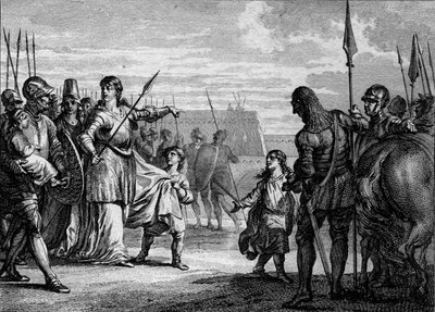 Charles Martel wysłany do więzienia, 714: Plectrude (ok. 650-717), wdowa po Pepin de Herstal, wysłała młodego Karola Martela (688-741) do więzienia, aby usunąć go z władzy. Grawer Jean Michel Moreau, dit Moreau le Jeune (1741-1814) autorstwa Jean Michel the Younger Moreau