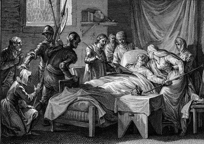 Śmierć i sukcesja Karola II Łysego (823-877), 877: król przekazał cesarzowej koronę cesarską, swoje złote berło, miecz św. Piotra i testament, którym przeznacza swojego syna Ludwika Begę do dziedziczenia . Grawerowanie przez J autorstwa Jean Michel the Younger Moreau