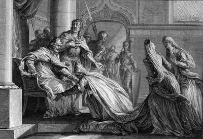 Emma z Francji (894-934), siostra Huguesa Wielkiego (897-956), upada na twarz. Mariee ma Raoula z Burgundii (lub Rodolphe, 890-936), postanowiła na prośbę brata podarować mężowi koronę Francji, deklarując „lepiej ją pocałuj”. autorstwa Jean Michel the Younger Moreau