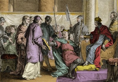 Erispoe (zm. 857), król Bretanii (Herispogius - Hervspogius - Respogius) otrzymał ozdoby królestwa z rąk Karola II Łysego (823-877), 851. Rycina Jean Michel Moreau dit Moreau le Jeune (1741) - 1814) autorstwa Jean Michel the Younger Moreau