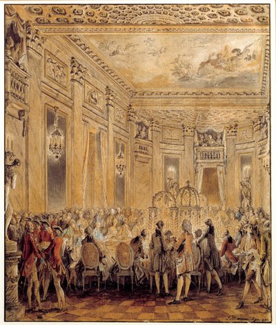 Uroczystość wydana przez Jeanne Becu, hrabinę (lub panią) Barry (1743-1793), kochankę Ludwika XV, na zamku Louveciennes 2 września 1771 r. Akwarela Jean Michel Moreau le Jeune (1741-1814). Słońce 0,31x0,26 m Paryż, musee du Louvre autorstwa Jean Michel the Younger Moreau