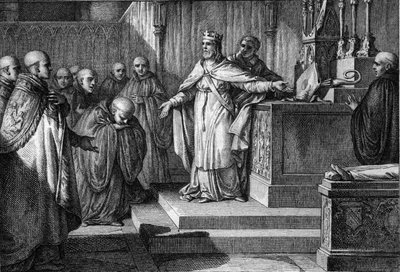 Hugues Capet (941-996) przywrócił kanoniczne elekcje: król Franków zezwolił mnichom na wybór opatów, umieszczając na ołtarzu krzyż i mitrę. Grawer Jean Michel Moreau, dit Moreau le Jeune (1741-1814) autorstwa Jean Michel the Younger Moreau