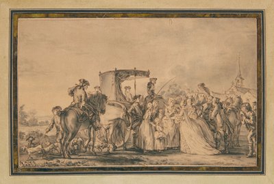 Maria Antonina, wysiadająca z powozu i otoczona orszakiem, pocieszająca wieśniaka, 1773 autorstwa Jean Michel the Younger Moreau
