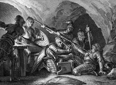 Spotkanie Księstwa Akwitanii z Koroną: Zabójstwo Waifre (lub Gaifier), księcia Akwitanii (767 lub 768). Grawer autorstwa Romaneta według Moreau le jeune (1779). autorstwa Jean Michel the Younger Moreau
