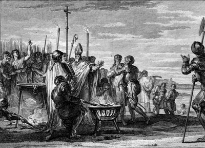 Ordalie, czyli „sądy Boże”, 877: przedstawiciele Ludwika Germania, który przybył do Ludwika II Łysego o połowę królestwa Lotaryngii, zgodzili się poddać próbom gorącego żelaza, wrzątku i zimnej wody. Grawerowanie Jean Michel Mor autorstwa Jean Michel the Younger Moreau
