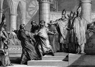 Pokuta i zesłanie Ludwika I Pobożnego lub Debonnaire (778-840), 833: po spowiedzi król zostaje odarty z cesarskich ozdób przez archeweka z Reims, a następnie przykryty torbą pokutników. Grawer Jean Michel Moreau, dit Moreau le Jeu autorstwa Jean Michel the Younger Moreau