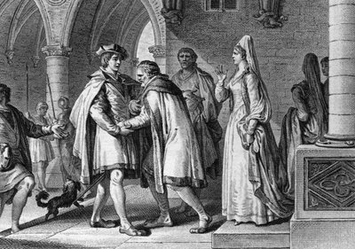 Filip I (1052-1108), król franków, odwiedzający dwór hrabiego Anjou, Foulques le Rechin (1042-1109). Ta podróż jest pretekstem do zaaranżowania małżeństwa z Bertrade de Montfort (ok. 1070-1118), żoną hrabiego. 1095. Grawerowanie Jeana Mich autorstwa Jean Michel the Younger Moreau