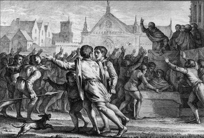 Papież Urban II (1042-1099) przemawiający do tłumu na soborze w Clermont, aby zachęcić ludność do wzięcia udziału w pierwszej krucjacie i otrzymania czerwonego krzyża płóciennego, symbolu rycin autorstwa Jean Michel the Younger Moreau