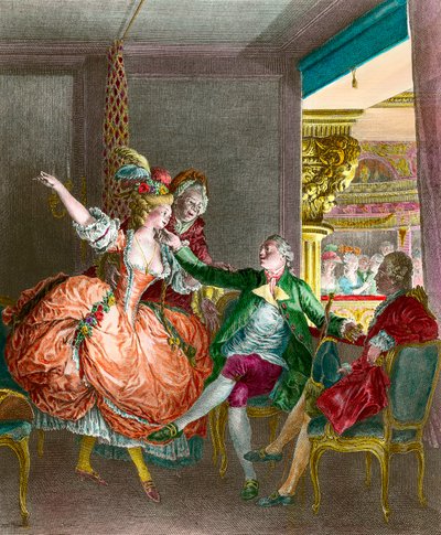 Prostytucja: „”Prezentacja w teatrze””” Młoda kobieta zostaje przedstawiona dżentelmenowi przez swatkę. Grawerowanie autorstwa Moreau le Jeune (1741-1814). 19 wiek. Prywatna kolekcja autorstwa Jean Michel the Younger Moreau
