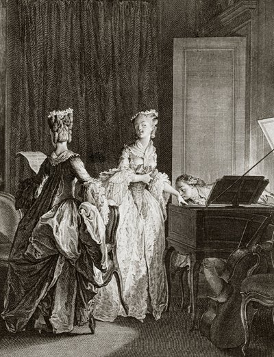 Saint Preux i Claire przy klawesynie w „Julie ou la nouvelle Heloise” szwajcarskiego filozofa Jeana Jacquesa (Jean-Jacques) Rousseau (1712-1778) - rycina Moreau le jeune, Jean Michel (1741-1814) (św. -Preux, siada przy klawesynie, całuję autorstwa Jean Michel the Younger Moreau