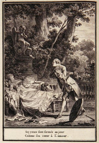 „Jej oczy są zamknięte na dzień, ponieważ jej serce ma miłość”, ilustracja z „Choix de Chansons” Laborde autorstwa Jean Michel the Younger Moreau