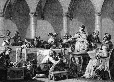 Dzielenie się Tresorami Dagoberta I (602/605-638), króla franków, po jego śmierci, pod kontrolą dwóch burmistrzów Pałacu Pepin Landen i Aega. Grawer Jean Michel Moreau, dit Moreau le Jeune (1741-1814) autorstwa Jean Michel the Younger Moreau