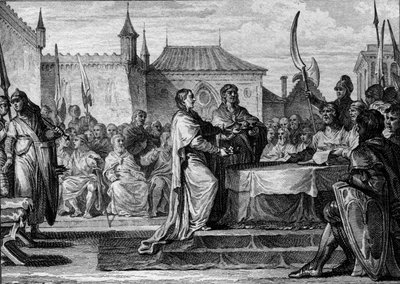Sukcesja Pepina Krótkiego, 768: zgromadzenie postanowiło podzielić królestwo między jego dwóch synów, Karola Wielkiego (747-814) i Carlomana (ok. 751-771), łamiąc tym samym ustalenia dokonane przez Pepina Krótkiego. Grawer Jean Michel Moreau, dit Moreau l autorstwa Jean Michel the Younger Moreau