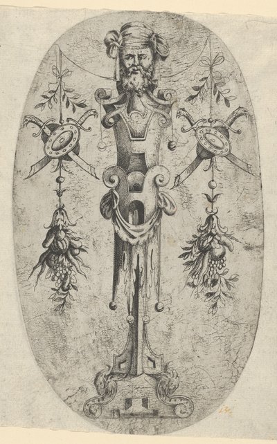 Męska figura terminalna, głowa z brodą i turbanem na trójczłonowej stopce z pasami..., ca. 1543-45. autorstwa Jean Mignon