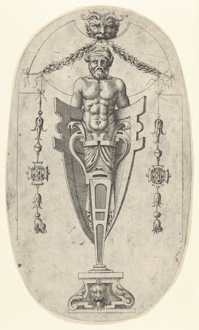Męska figura terminala, tułów z brodą i turbanem na półwysokim piedestale zamkniętym ..., ca. 1543. autorstwa Jean Mignon