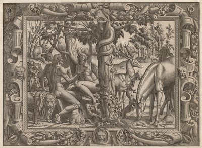 Kuszenie Ewy, c. 15451547. autorstwa Jean Mignon