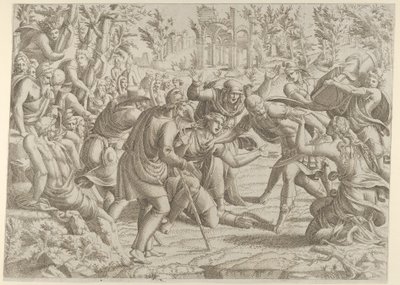 Zdradziecki Sinon przywieziony do obozu Trajana przez pasterzy, 1535-55. autorstwa Jean Mignon