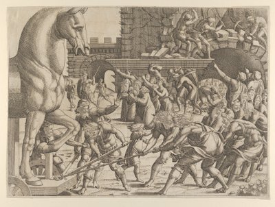 Trojanie sprowadzają drewnianego konia do swojego miasta, 1535-55. autorstwa Jean Mignon